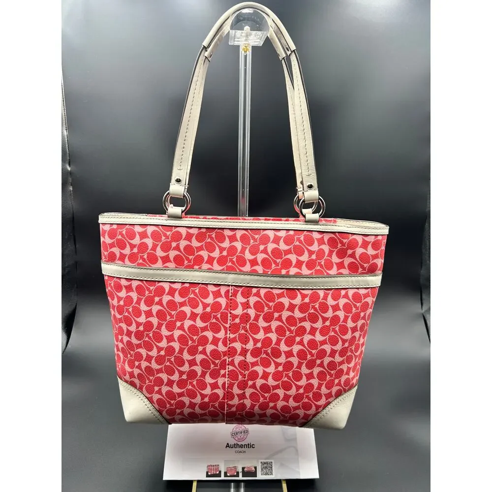 Coach Heritage Chelsea Tote Coated Canvas Y2K F15137 Pink & Red Cream Trim COA